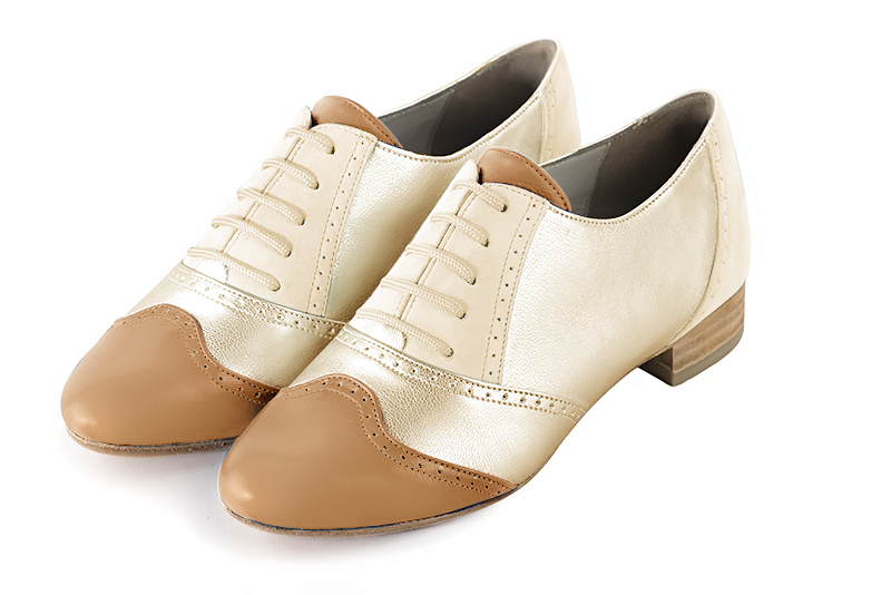 Camel beige and gold women's fashion lace-up shoes.. Front view - Florence KOOIJMAN